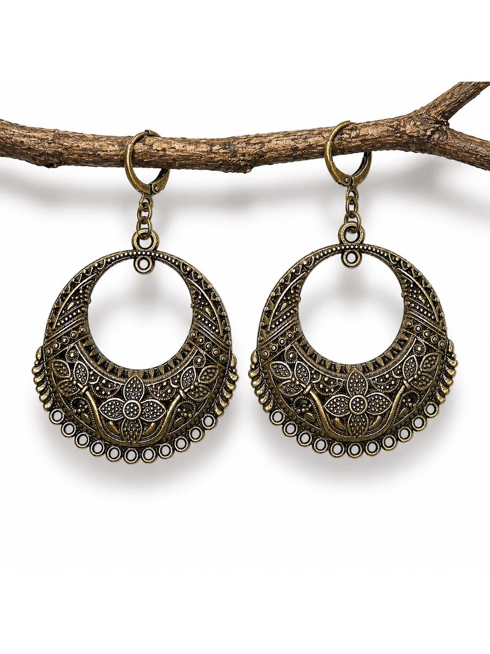 Antique Bronze Floral Hoop Earrings Artisan Statement Leverback Dangles